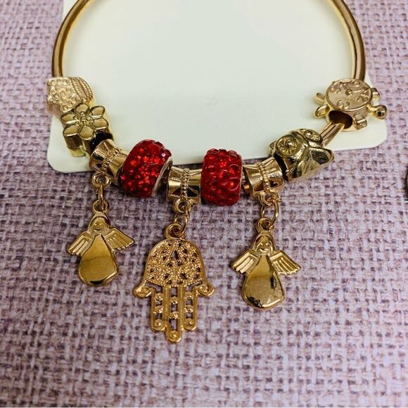 D’Bello Gold Red Hamsa Angel Charm Cuff Bracelet NWT - Picture 2 of 2